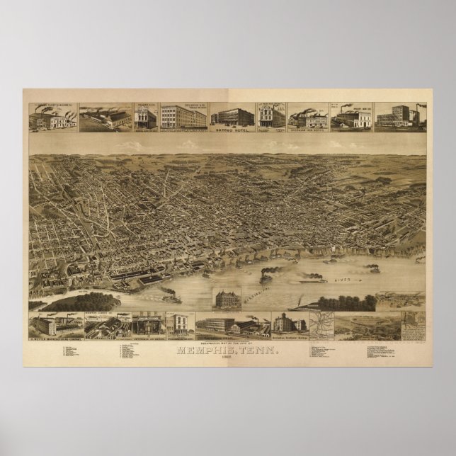 1887 Memphis, TN Birds Eye View Panoramic Map Poster (Front)