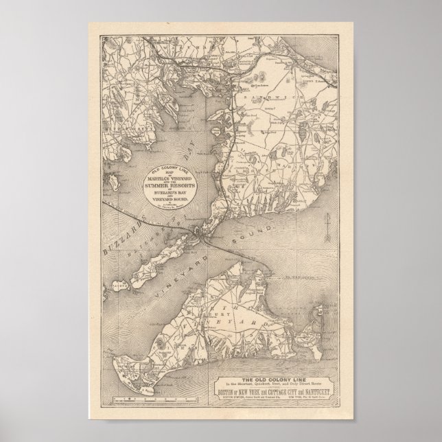 1888 Old Colony Railroad Marthas Vineyard Map Poster (Front)
