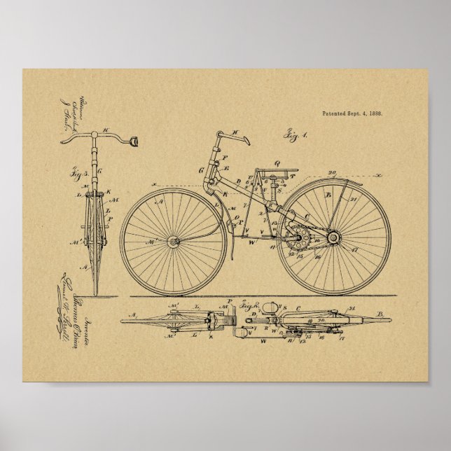1888 Vintage Bicycle Design Patent Art Print (Front)