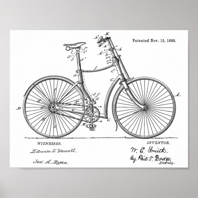 1888 Vintage Bicycle Patent Art Print (Front)