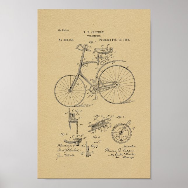 1889 Vintage Bicycle Patent Art Print (Front)