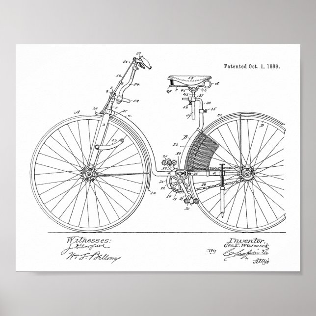 1889 Vintage Bicycle Patent Art Print (Front)