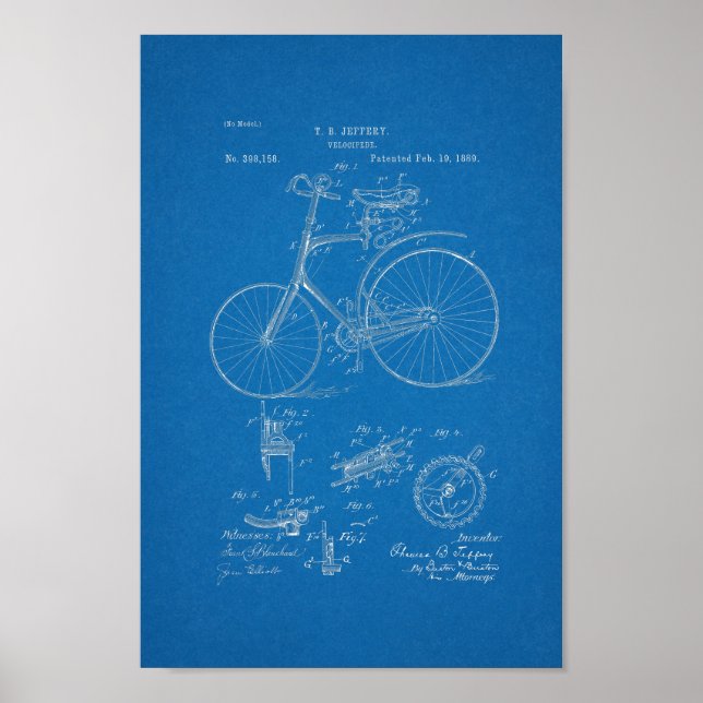 1889 Vintage Bicycle Patent Blueprint Art Print (Front)