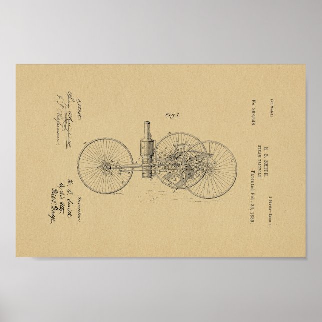 1889 Vintage Steam Tricycle Patent Art Print (Front)