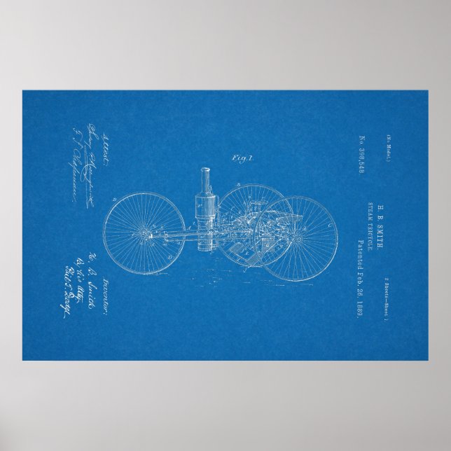 1889 Vintage Steam Tricycle Patent Blueprint Art Poster (Front)