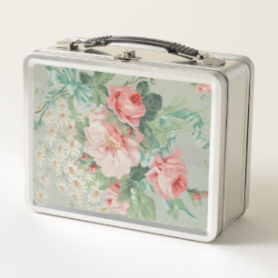 1890 British Vintage Fabric Roses & Daisies  Metal Lunch Box