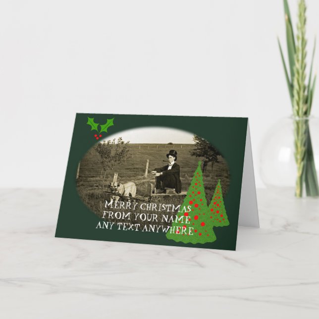 1890 DAPPER MAN WITH PIPE TOP HAT DOG PULLING CART HOLIDAY CARD (Front)