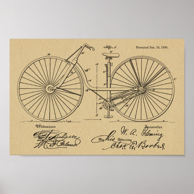 1890 Vintage Bicycle Design Patent Art Print (Front)