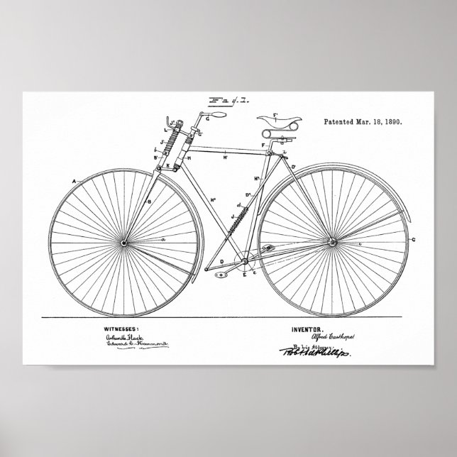 1890 Vintage Spring Frame Bicycle Patent Art Print (Front)