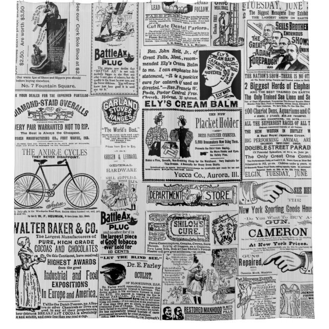 1890's Newspaper Ads Victorian Sales Ads Blk White Shower Curtain (Front)