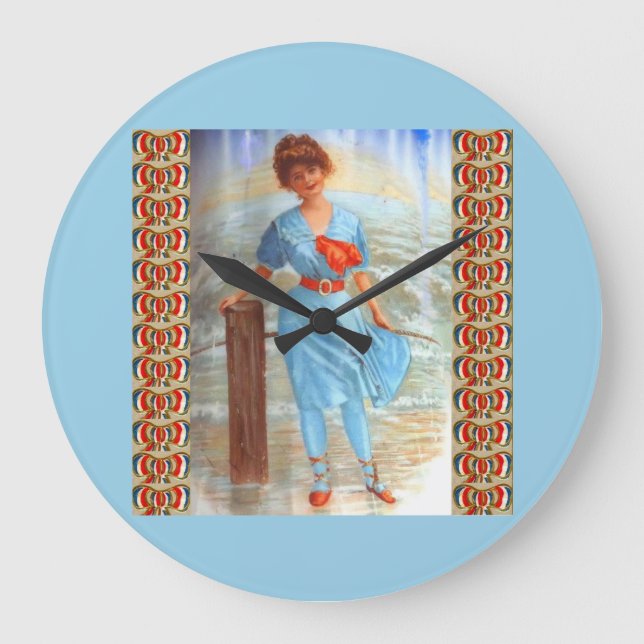 1890s Victorian lady on the beach Large Clock (Front)