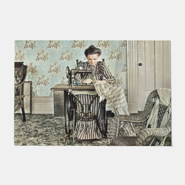 1890's Woman at Sewing Machine Photo Tinted Doormat (Front)