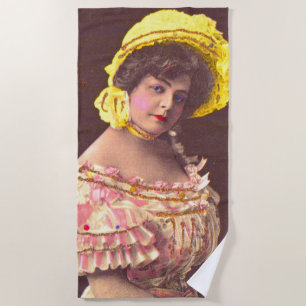 1890s woman in frilly attire print beach towel