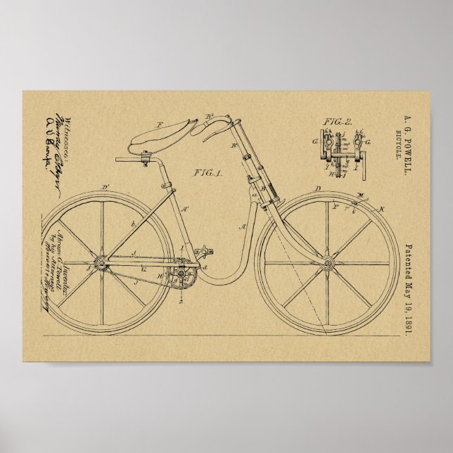 1891 Bicycle Patent Art Drawing Print (Front)