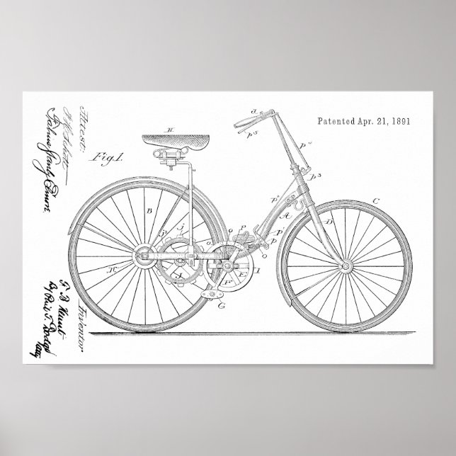 1891 Chainless Bicycle Design Patent Art Print (Front)