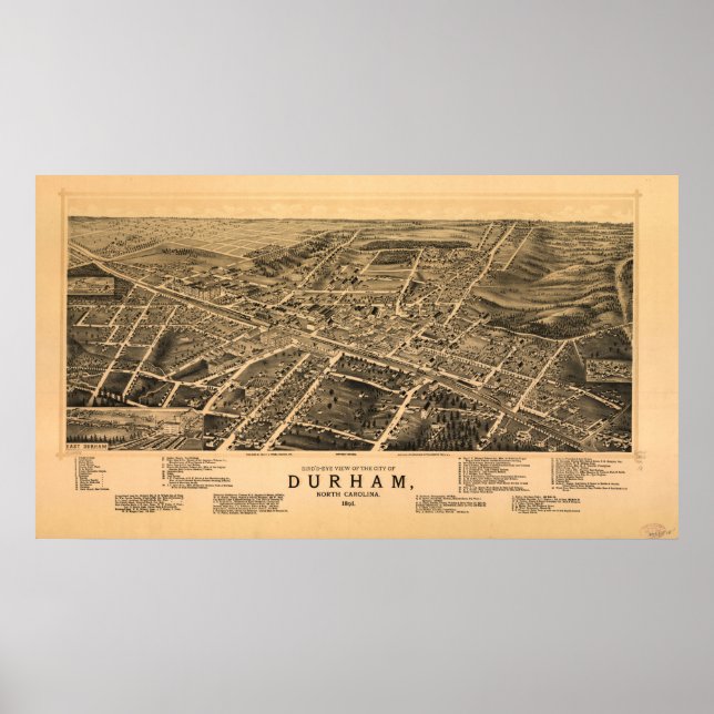1891 Durham, NC Birds Eye View Panoramic Map Poster (Front)