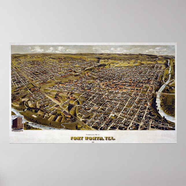 1891 Map of Fort Worth, TX Birds Eye View Poster (Front)