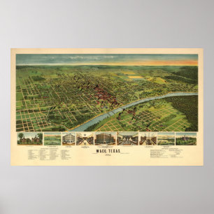 1892 Waco, TX Bird's Eye View Panoramic Map Poster