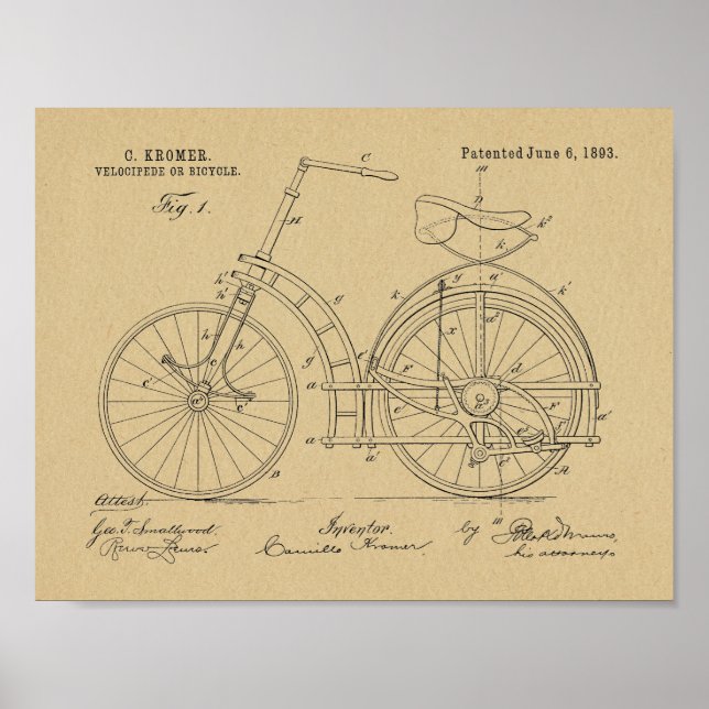 1893 Chainless Bicycle Patent Art Drawing Print (Front)