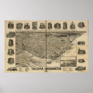 1893 Tacoma, WA Birds Eye View Panoramic Map Poster