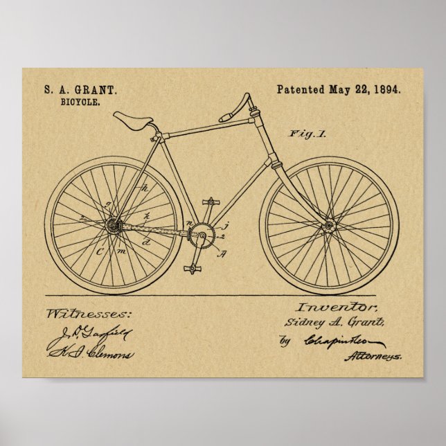 1894 Chainless Shaft Drive Bicycle Patent Print (Front)