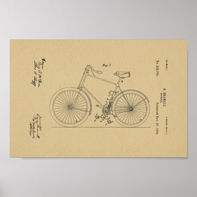 1894 Vintage Bicycle Patent Art Print (Front)