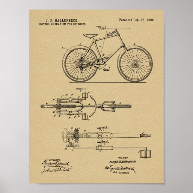 1896 Chainless Bicycle Design Patent Art Print (Front)