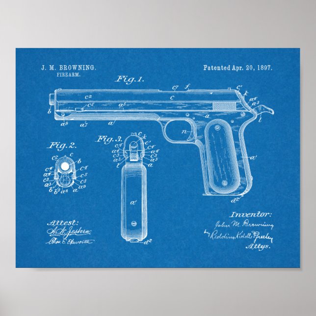 1897 Browning Gun Patent Art Drawing Print (Front)