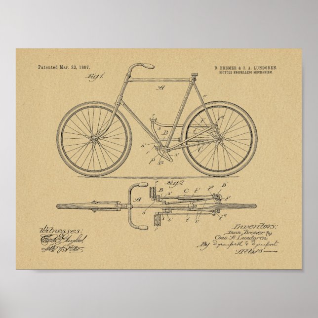 1897 Chainless Bicycle Patent Art Drawing Print (Front)
