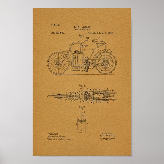1897 Vintage Steam Bicycle Patent Art Print (Front)