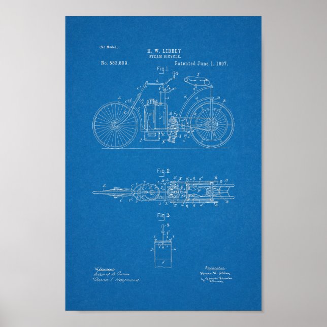 1897 Vintage Steam Bicycle Patent Blueprint Art Poster (Front)