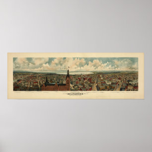 1898 Milwaukee, WI Birds Eye View Panoramic Map Poster