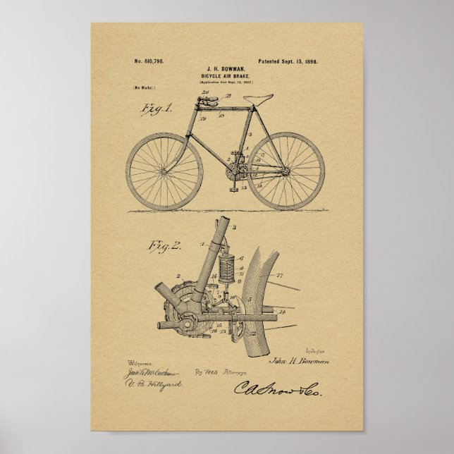 1898 Vintage Bicycle Air Brake Patent Art Print (Front)