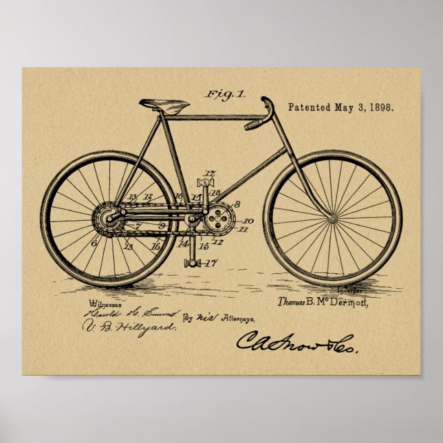 1898 Vintage Bicycle Design Patent Art Print (Front)