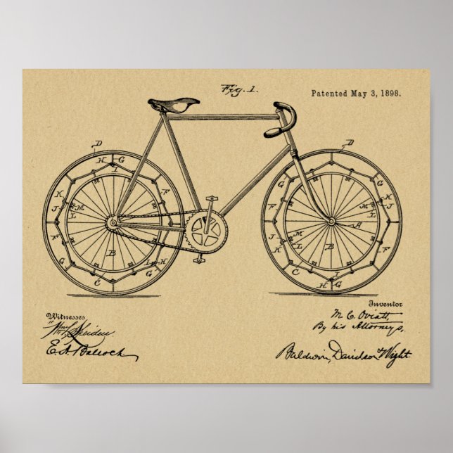 1898 Vintage Bicycle Wheel Design Patent Art Print (Front)