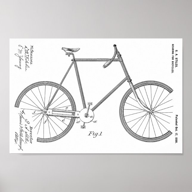 1899 Bicycle Gearing Patent Art Drawing Print (Front)