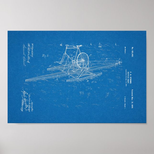 1899 Vintage Bicycle Boat Patent Blueprint Print (Front)