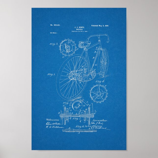 1899 Vintage Bicycle Patent Print Blueprint Art (Front)