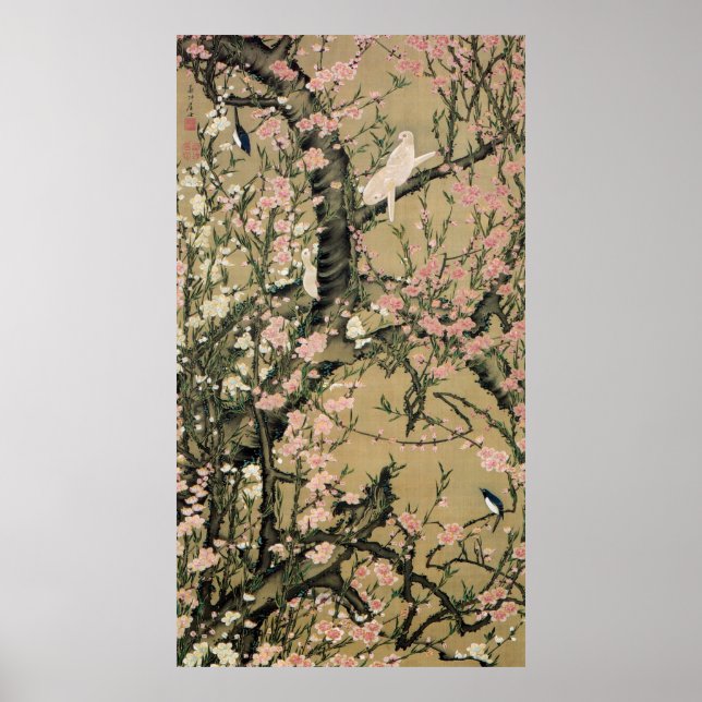 18.桃花小禽図, 若冲 Peach Blossoms & Small Birds, Jakuchū Poster (Front)