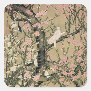 18.桃花小禽図, 若冲 Peach Blossoms & Small Birds, Jakuchū Square Sticker
