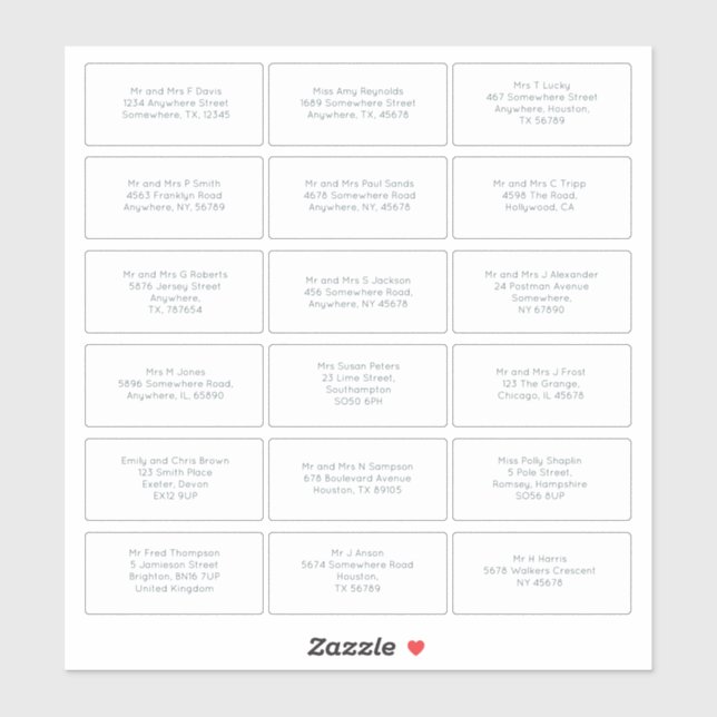 18 Individual Name Address Wedding Guest Simple (Sheet)