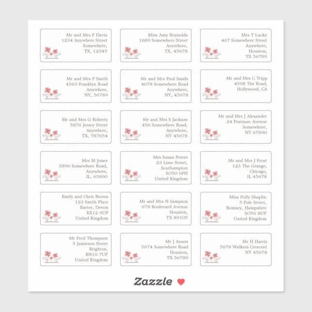 18 Individual Wedding Guest Name Addresses Florals (Sheet)