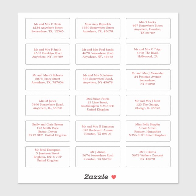 18 Individual Wedding Guest Name Addresses Red (Sheet)
