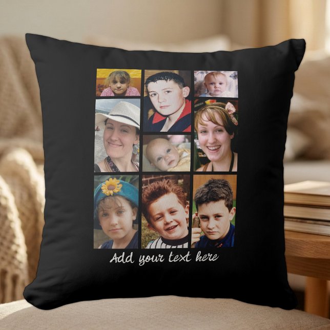 18 photo collage add text black cushion (Creator Uploaded)