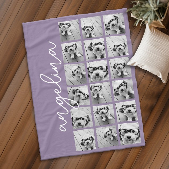 18 Photo Collage - CAN EDIT background colour Fleece Blanket (Personalized fleece blanket with photos and text)