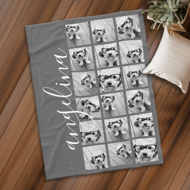 18 Photo Collage - CAN EDIT background colour Fleece Blanket (Personalized fleece blanket with photos and text)