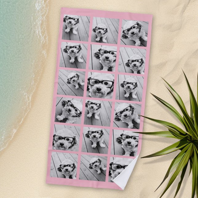 18 Photo Collage - CAN EDIT pink background colour Beach Towel (Personalized Beach Towel - Photo Collage -- Use Color or Black and White Photos)