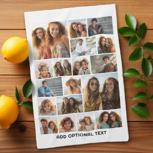 18 Photo Collage - Custom Text - Black and White Tea Towel