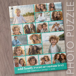18 Photo Collage - Custom Text - Teal and White Jigsaw Puzzle