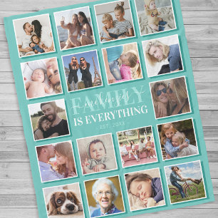 18 Photo Collage Family Name Teal Fleece Blanket